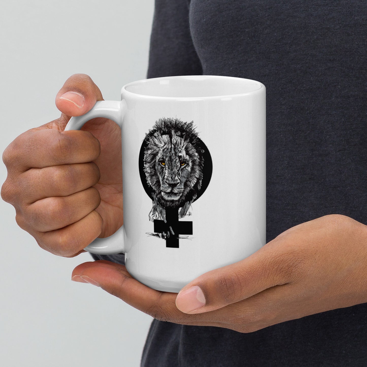 Feminism & Lion - White glossy mug